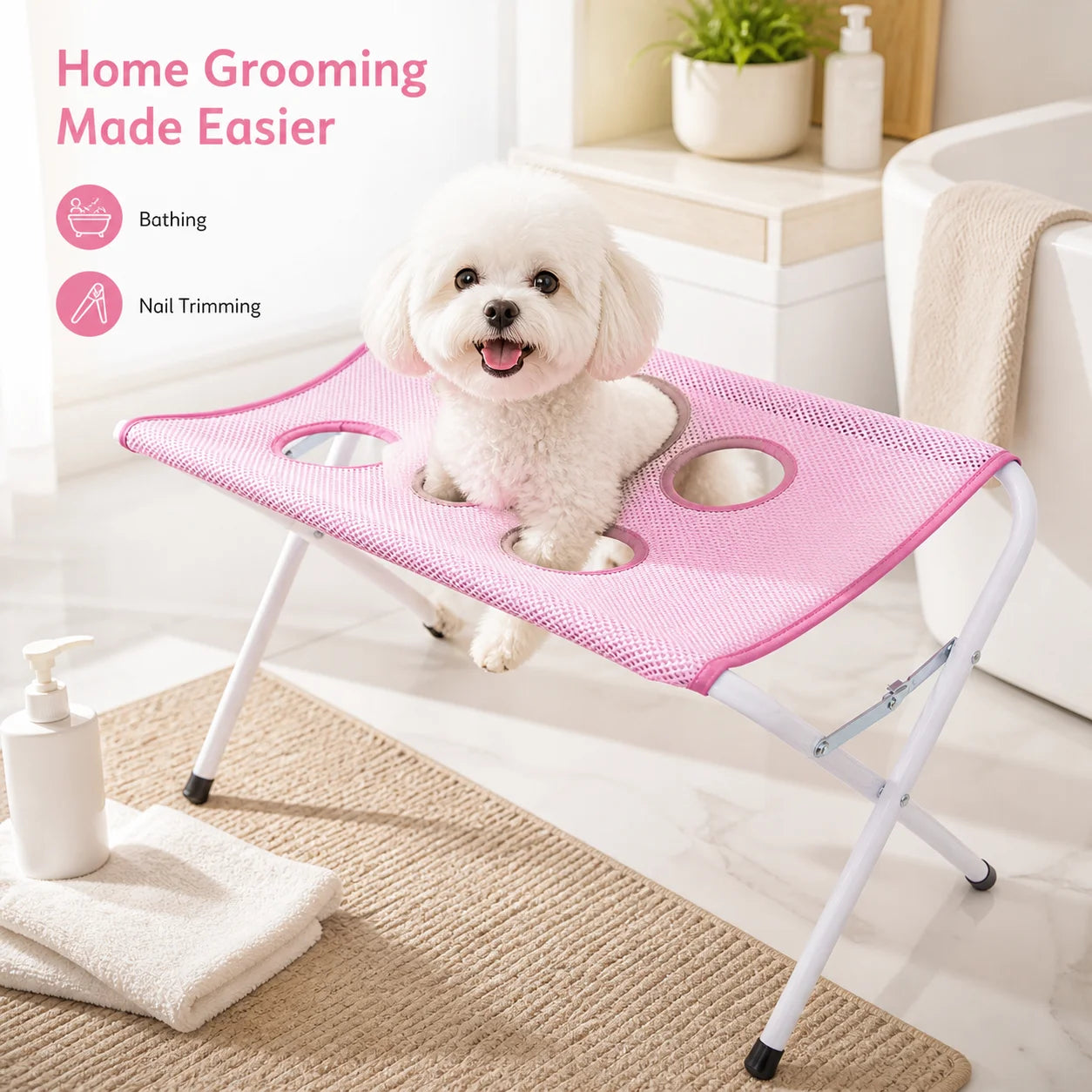 Pet Grooming Hammock Stand Foldable Cat Dog Bathing Rack Quick Dry Mesh Nail Trimming Holder for Small Medium Pets
